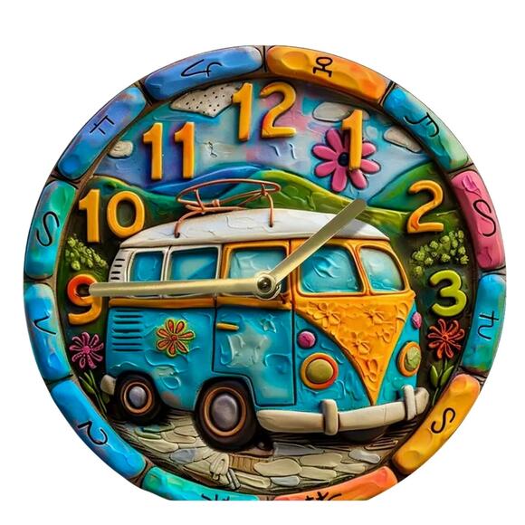 Retro Boho 60's Bus Van Clock 8"x 8" - Picture 4 of 10